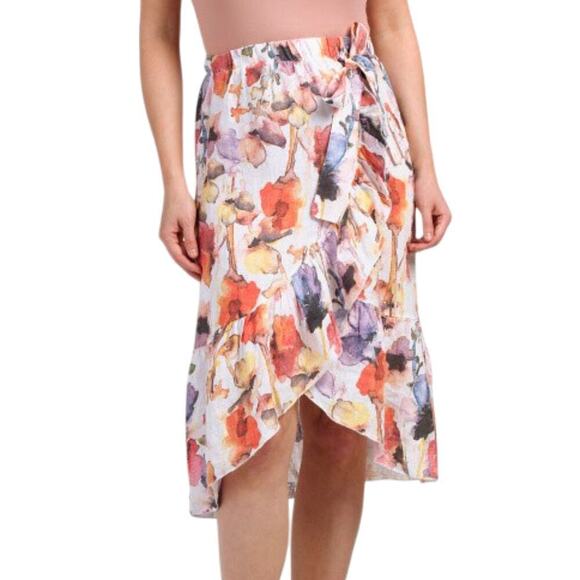New! PIAZZA DEL TEMPIO Made In Italy Linen Ruffle Trim Floral Wrap Midi Skirt - Picture 2 of 8